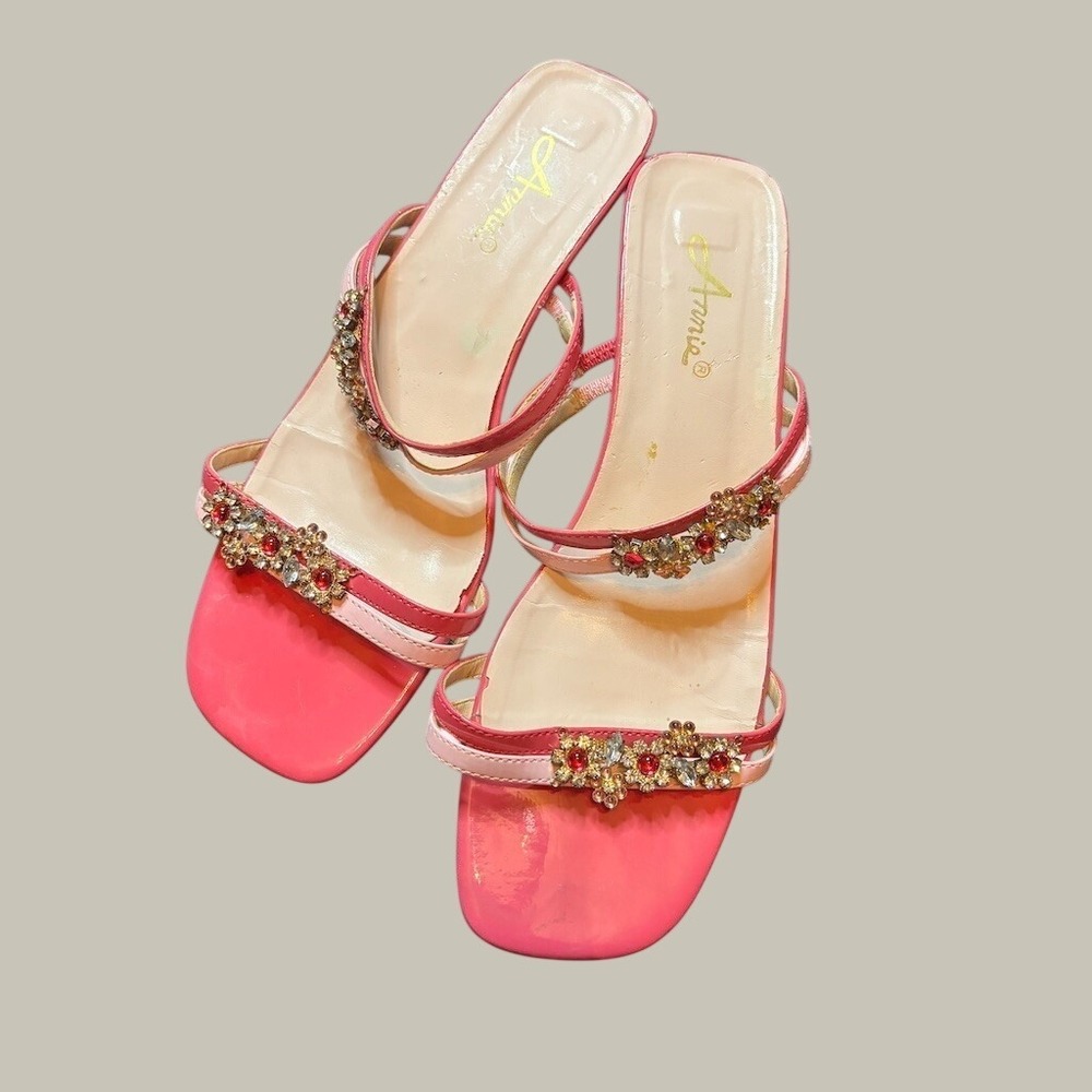 Annie Slide Sandals Womens 10 Pink Rhinestone Floral Square Toe Heel Elle Woods